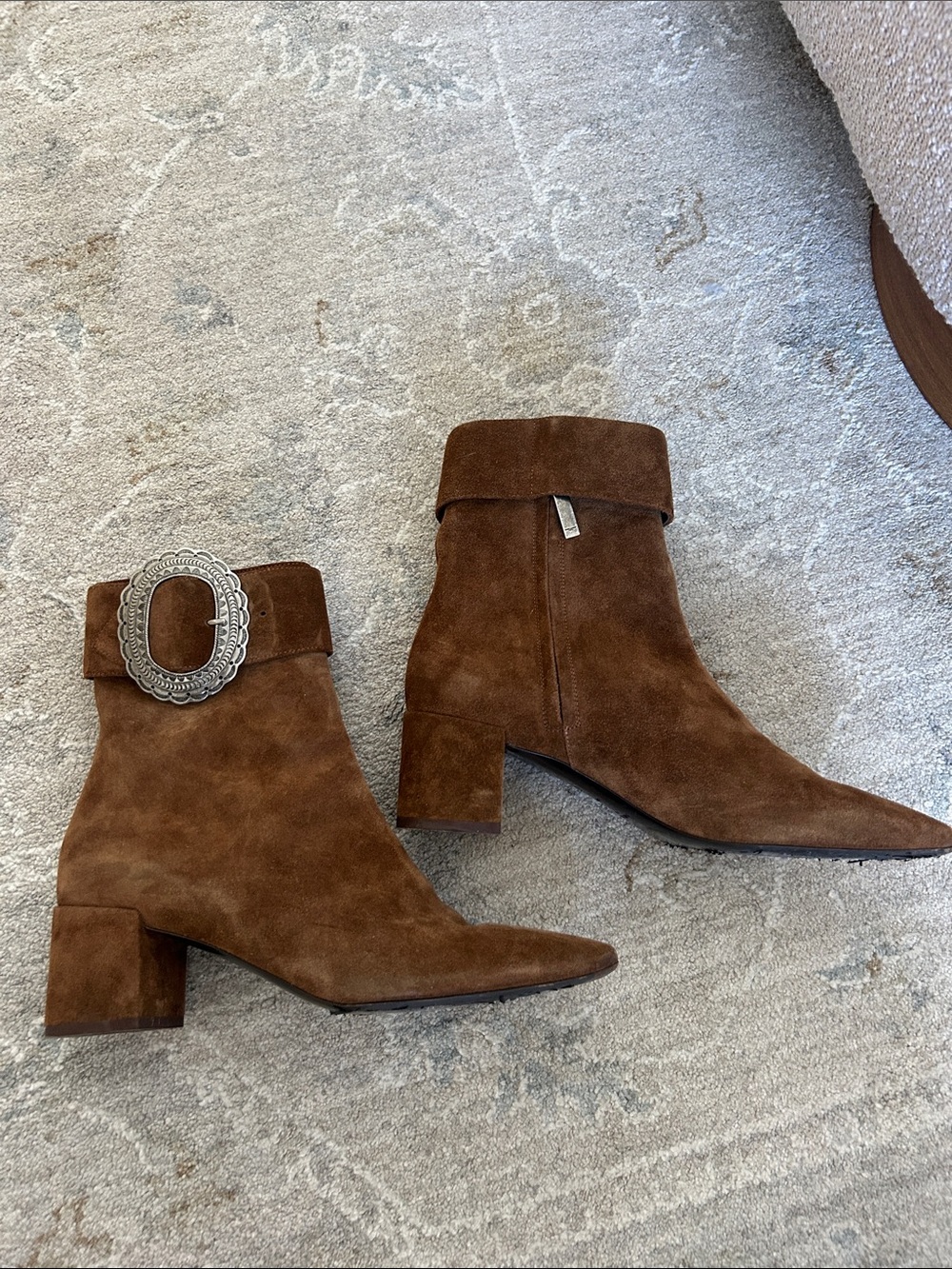 Ysl Saint Laurent Brown Suede Ankle Boots with Decorative Buckle - Women